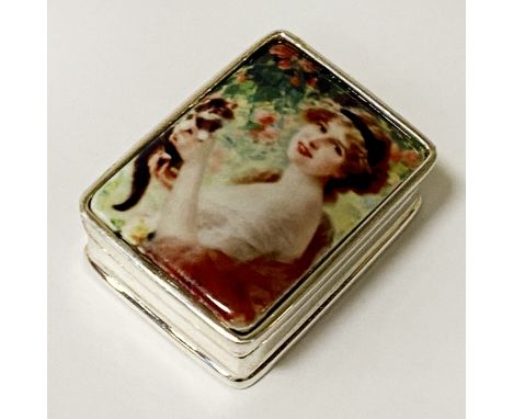 SILVER &amp; ENAMEL GILL &amp; CAT STAMP BOX