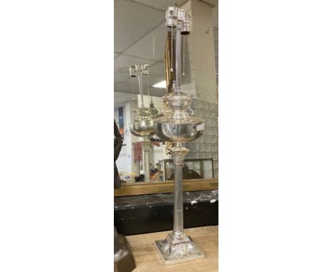SILVER PLATED CORINTHIAN COLUMN OIL LAMP - APPROX 77 CMS (H)