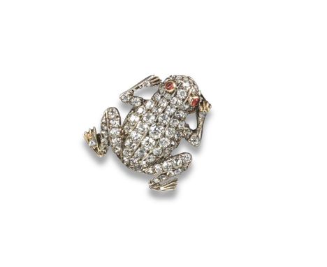 A Victorian diamond set frog brooch, pave set overall with graduated cushion-shaped diamonds and ruby eyes in silver and gold