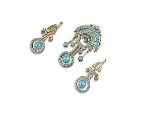 A 19th century suite of gold jewellery in the Ancient Egyptian manner with blue enamel decoration to the articulated brooch a