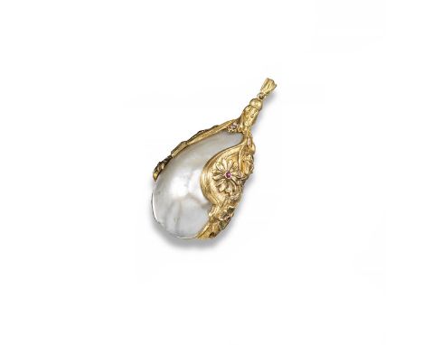 A French Art Nouveau gold pendant, the natural saltwater pearl encased within a stylised textured gold foliate surround, clos