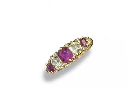 A ruby and diamond five stone ring. Set with three rubies and two cushion-shaped diamonds in yellow gold with carved shoulder