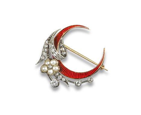 A red enamel crescent brooch, with a graduated diamond and seed pearl-set flower. Inventory number 1491. 2.7cm wide.