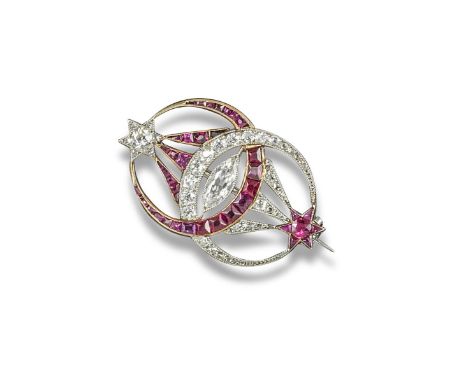An early 20th century ruby and diamond brooch by Cartier, designed as two interconnecting crescent moons one set with circula