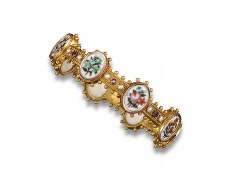 An Etruscan revival style Victorian gold bangle, set with eight oval-shaped pietra dura plaques all depicting coloured hardst