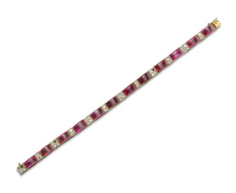 A synthetic ruby and diamond bracelet, designed as rectangular shaped synthetic ruby cabochons set within single cut diamonds