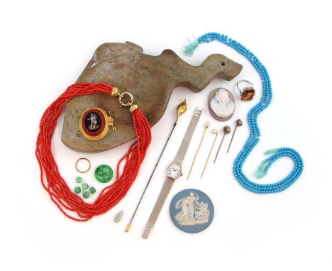 A ten row coral bead necklace. A French gold hairpin set with small diamonds, with French control marks and steel shaft, 17cm