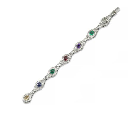 A gem-set DEAREST bracelet, mounted with seven diamond clusters, each centred with diamond, emerald, amethyst, ruby, emerald,