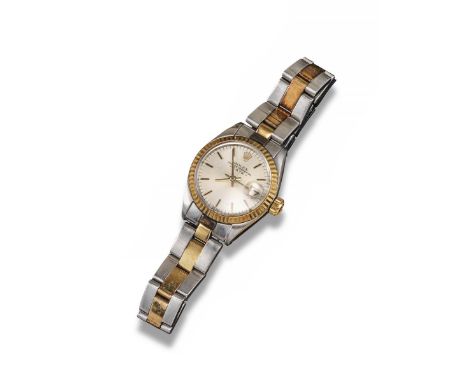 A lady's steel and gold wristwatch by Rolex, the plain dial with baton numerals, sweep seconds hand, date aperture and signed