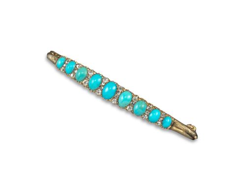 An Edwardian turquoise and diamond hinged bangle, set with nine graduated oval-shaped turquoise cabochons and each separated 