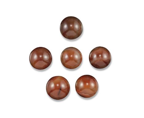 A cased set of six hemispherical agate buttons. Each button 2.3cm wide. Fitted case by Frank Shuttleworth. The case embossed 