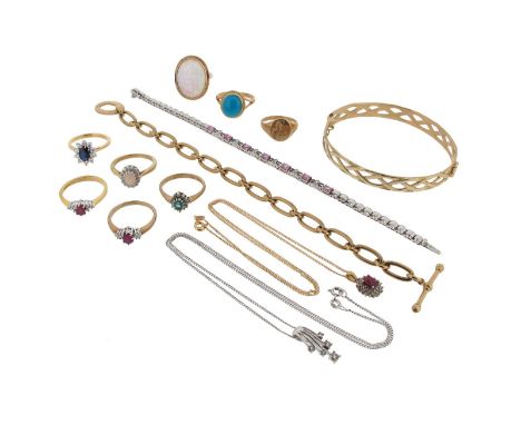 Assorted jewellery, including a diamond and sapphire set 18ct gold cluster ring and seven further plain and stone-set gold ri