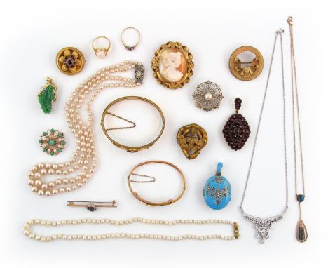 Various items of jewellery, costume jewellery etc. Including a half pearl and rose-cut diamond set gold and platinum circular