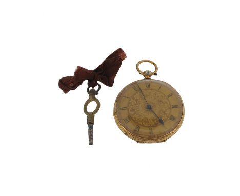 A gold and enamel fob watch, the gold foliate engraved dial with black Roman numerals. The reverse decorated with enamel flow