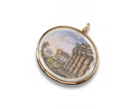 A 19th century micromosaic mounted gold pendant, depicting Roman ruins with a pink tinged sky. Mother of pearl surround. 3.5c