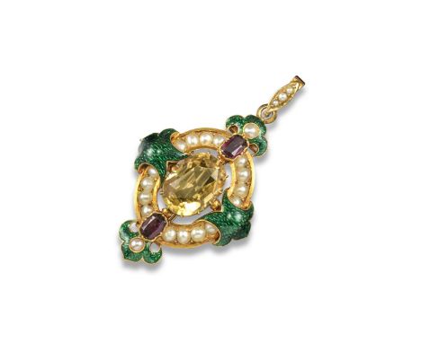 A late 19th century enamel and seed pearl pendant, the oval-shaped citrine is set within a surround of seed pearls and two ga