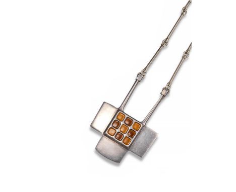 A silver Modernist necklace by David Anderson, of stylised geometric form, the central square panel applied with a chequerboa