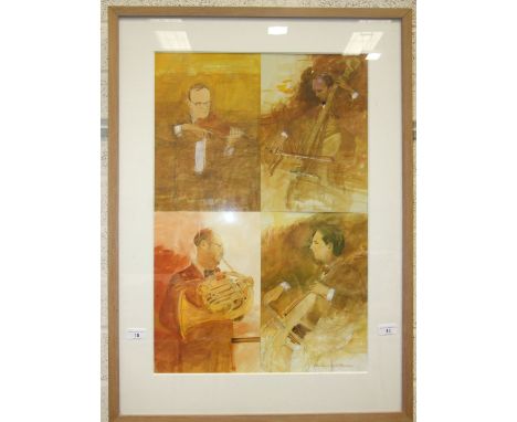 Michael Whittlesea (b. 1938), 'Musicians', four sketches of musicians framed as one, signed watercolour, each sketch 22 x 33c