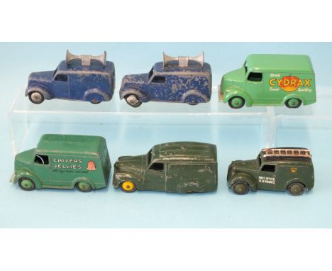 Dinky Toys, Trojan Vans: 452 "Chivers Jellies" and 453 "Cydrax", 261 Post Office Telephones van, 472 Austin Van "Raleigh Cycl