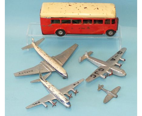 Dinky Toys, Aircraft: 702 Comet, 704 York, 706 Viscount and Tempest II and a Triang Minic single-decker bus, red, "Triang Tra