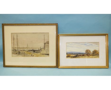 An early-20th century watercolour 'Cattle and sheep in a landscape', 15 x 29cm, a watercolour and pencil sketch of a boatyard