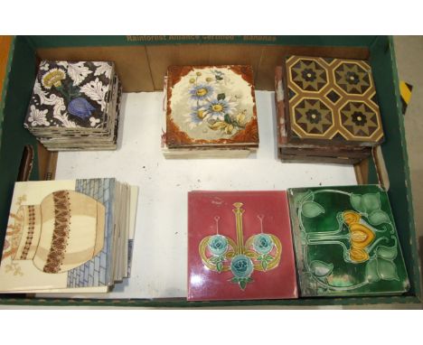 A set of twelve 19th century polychrome-decorated ceramic tiles, 13cm square, possibly for a Victorian cast iron fireplace, a