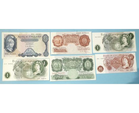 A collection of six Bank of England O'Brien bank notes:&nbsp;Britannia Series one-pound U78J 941496, ten-shilling Z92Y 917004