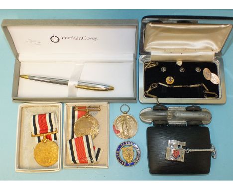 A single 9ct gold cufflink, 2.9g, two boxed Special Constabulary medals to William J White, Devon, a "Special Constable Devon