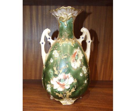 An Austrian ceramic baluster shape two-handled vase decorated with gilt, enamel and painted poppies, blue crown mark and EW b