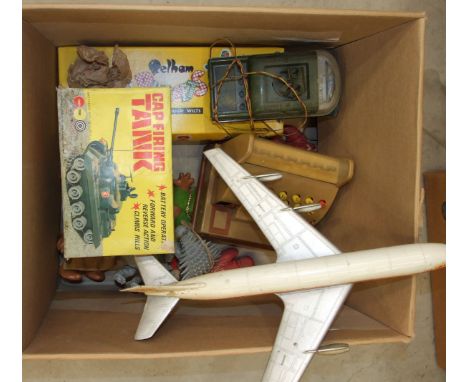 A collection of Tonka construction toys, a Pelham puppet and other toys and games. 