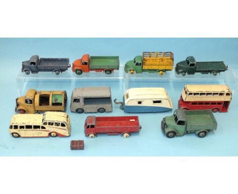 Dinky Toys: 29F Observation Coach, 29C Leyland Bus, 25V Refuse Wagon, 30V Electric Van and other diecast vehicles, all play-w