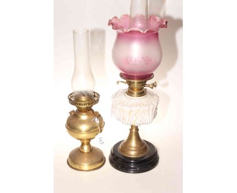 Victorian oil lamp with white glass reservoir and ruby etched shade and brass oil lamp