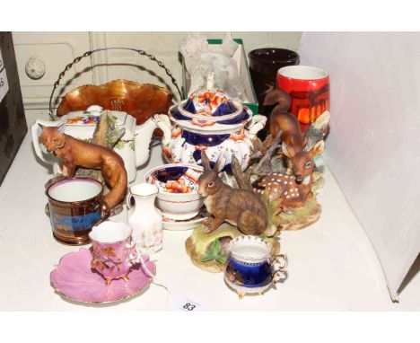 Pottery jardiniere and stand, animal ornaments, Poole vase, Kowloon vase, cups and saucers, carnival glass dish, ringtons tea