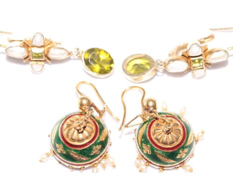 Pair of peridot and baroque pearl earrings and a pair of Indian enamel and seed pearl earrings