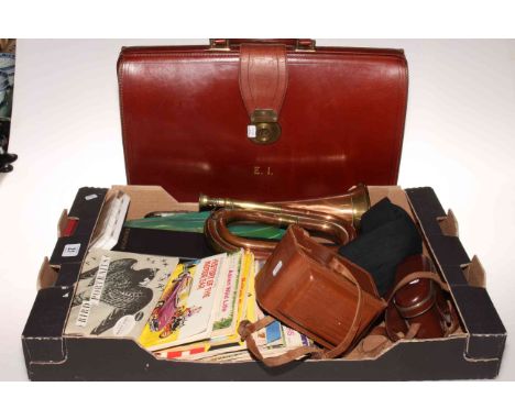 Leather briefcase, bugle, two cameras, Brooke Bond tea cards, drawing instruments, etc