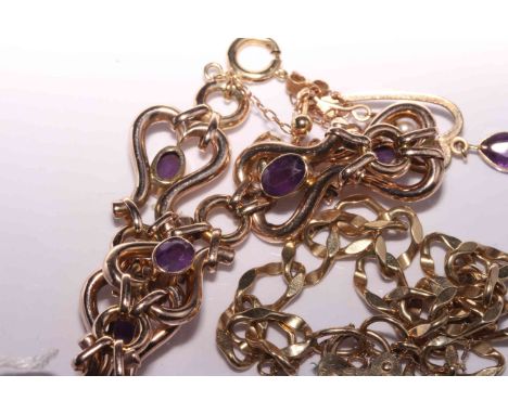 9 carat gold bracelet, 9 carat gold and amethyst bracelet and a pair of amethyst and cultured pearl earrings, gross 20 grams