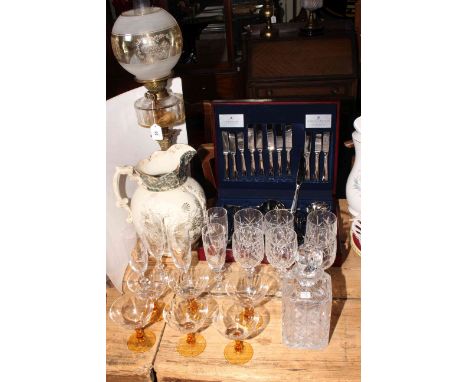 Corinthian column oil lamp, Viners part canteen of cutlery, toilet jug and glassware