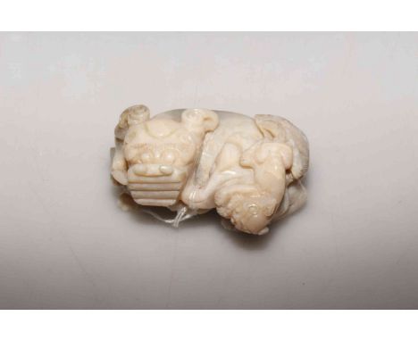 Chinese jade carving of a Kylin and her puppy, 8cm