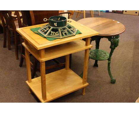 Circular cast base pub table, light oak three tier table and cast parasol stand (3)