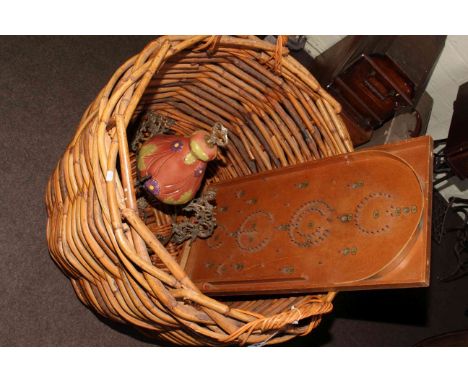 Large cane-work log basket, ornate metal and pottery ceiling light, Bagatelle, lanterns and glasses