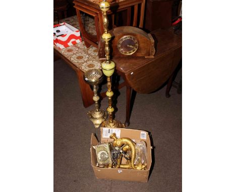 Onyx standard lamp, smokers stand and telephone, four gilt metal fish design brackets and mantel clock