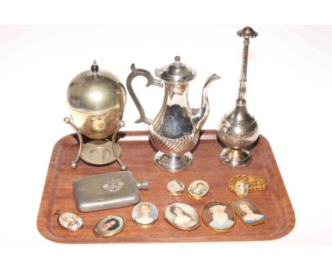 Silver plated coffee pot, egg warmer, various portrait miniatures, etc