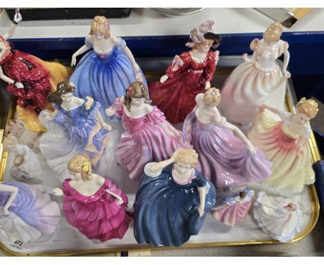 TRAY CONTAINING 14 ROYAL DOULTON FIGURINES &amp; ONE DRESDEN MINIATURE FIGURE     