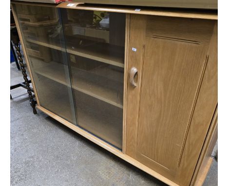53" OAK ERCOL STYLE SLIDING DOOR BOOKCASE