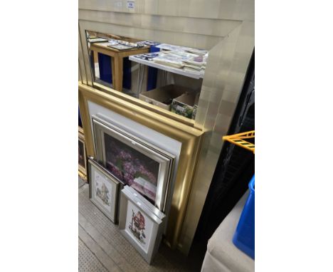LARGE MODERN FRAMED MIRROR, VARIOUS FRAMED PICTURES, FRAMED HUMMEL SEWING PICTURES, GILT FRAMED PRINTS ETC