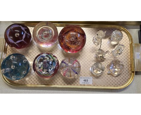TARY CONTAINING 6 COLOURED GLASS PAPERWEIGHTS, SOME SIGNED CAITHNESS, 6 SWAROVSKI CRYSTAL ANIMAL ORNAMENTS