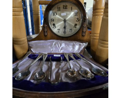 CANTEEN OF CUTLERY, SET OF 6 EP TEA SPOONS WITH SUGAR TONGS IN THE SHAPED CASE, OAK STRIKING MANTEL CLOCK