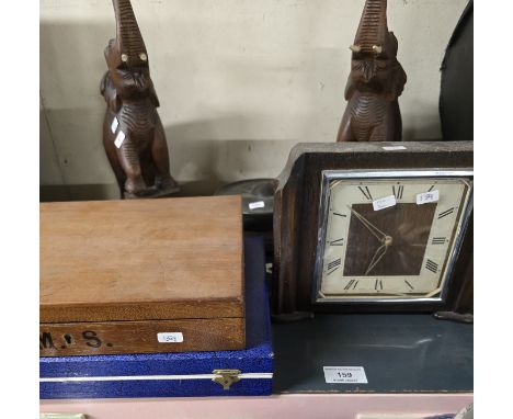MAHOGANY CASED WATERCOLOURS PAINTERS SET BY REEVES &amp; SONS LONDON, OAK MANTLE CLOCK, OAK ELEPHANT GONG STAND, SMALL DOLLS 