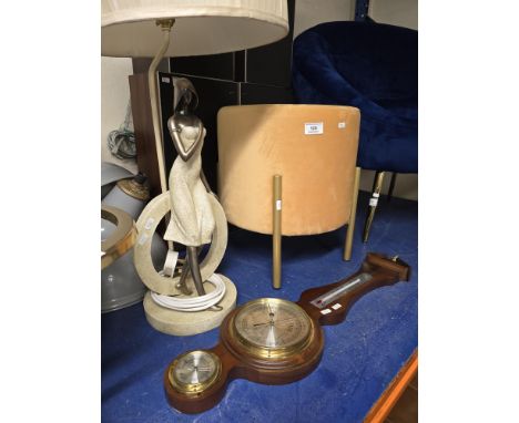 70'S STYLE FOOTSTOOL , SHAPED LAMP, BAROMETER/THERMOMETER