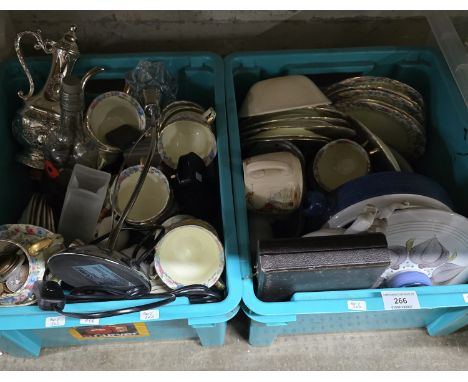 2 BOXES CONTAINING QUANTITY OF VARIOUS COINAGE, EP TEACUPS &amp; TEAPOT, LLADRO FIGURE ORNAMENTS, ROYAL DALTON BUNNYKINS MUG,